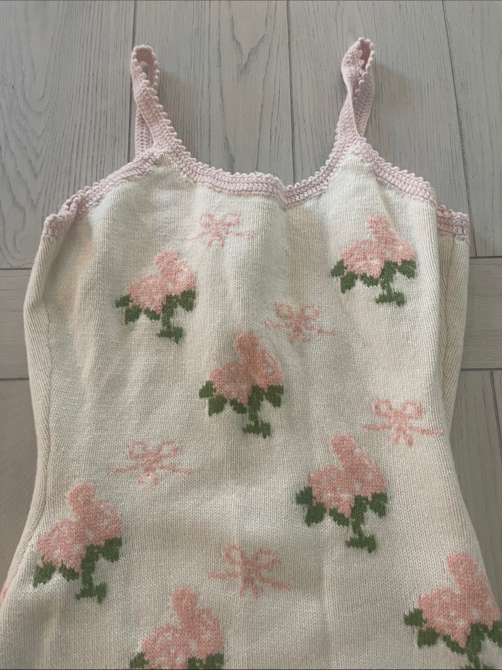 LoveShackFancy White Knit Dress with Pink Floral Bows - Picture 6 of 10